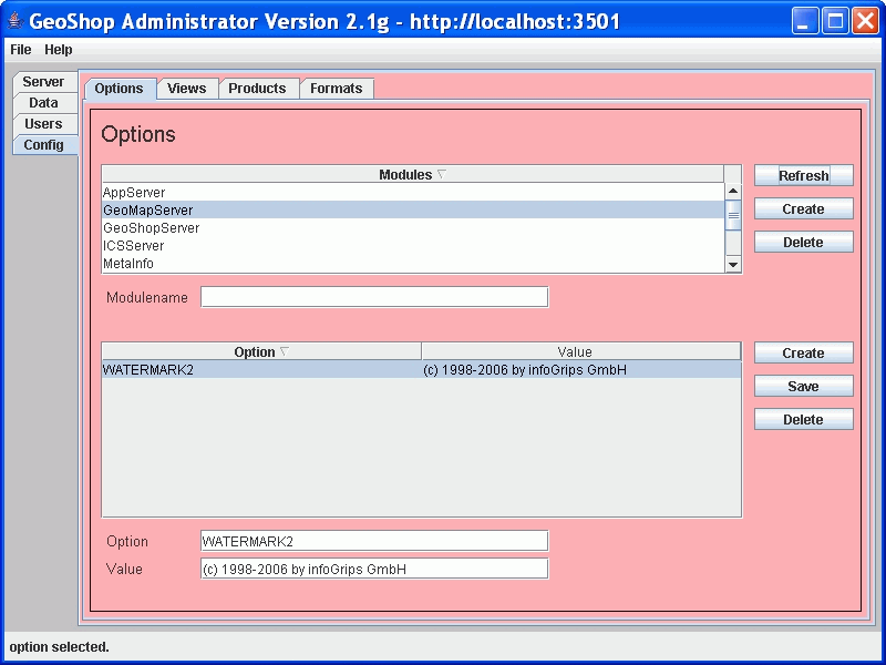 GeoShop Administrator Options